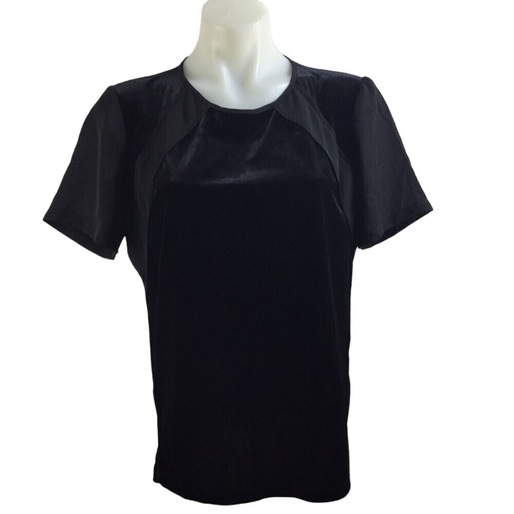 Donna Karan Blouse Short Sleeve Crew Neck Buttons Velvet Blouse Top Black Medium